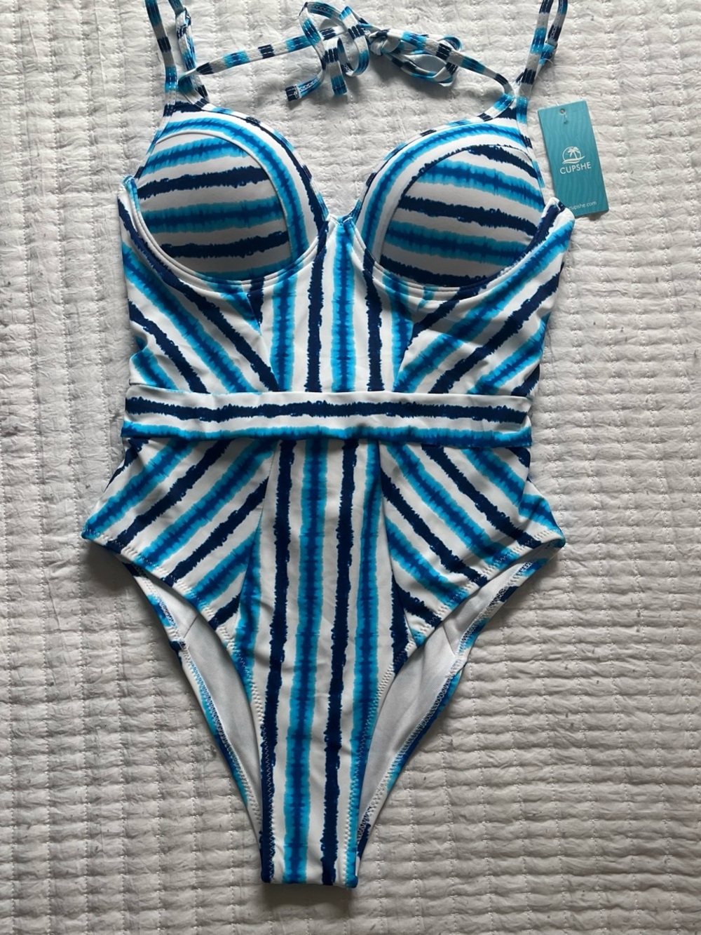 Cupshe Navy Blue, Teal & White Striped One-Piece Swimsuit